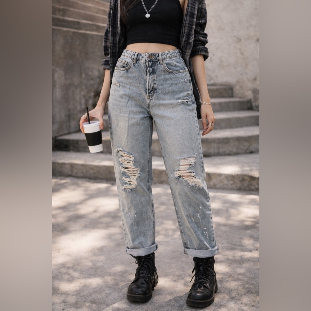 No Boundaries Light Wash Distressed Mom Jeans | Size 13 | High-Rise Denim